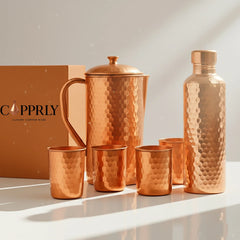 Pure Copper Drinkware Set – Jug, Bottle & 4 Glasses - Copprly