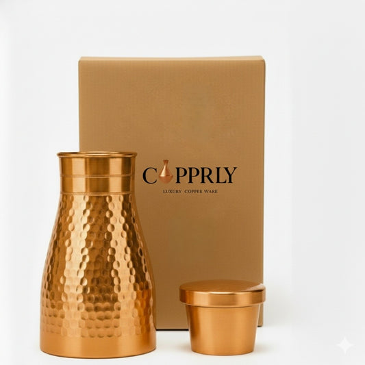 Copprly Handcrafted Hammered Pure Copper Carafe – Ayurvedic Luxury Water Vessel