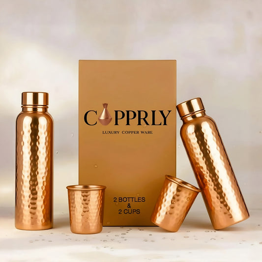 Exclusive Hammered Copper Gift Set – 2 Bottles & 2 Glasses by Copprly