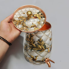Royal Peacock 9L Copper Water Dispenser – Enamel Finish with Golden Birds Design
