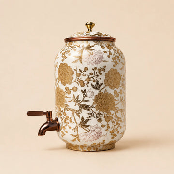 Copper Water Dispenser - Golden Floral Botanical Design | Handcrafted & Ayurvedic