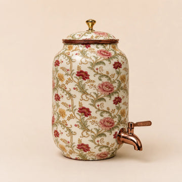 Copper Water Dispenser - Hand-Painted Ivory Floral | Meenakari Artisan | Ayurvedic 4L-8L