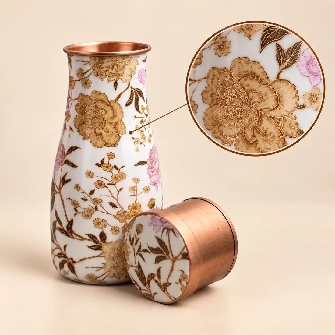 Copper Water Pitcher (Carafe) - Floral Gold Meenakari Design | Handcrafted