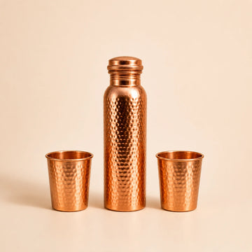 Copper Water Bottle and Glass  | Set of 1 - Hammered bottle and 2- Hammered glass | Handcrafted and Ayurvedic
