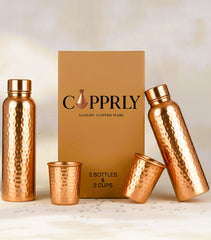 Copprly's Exclusive Hammered Copper Gift Set – 2 Bottles & 2 Glasses