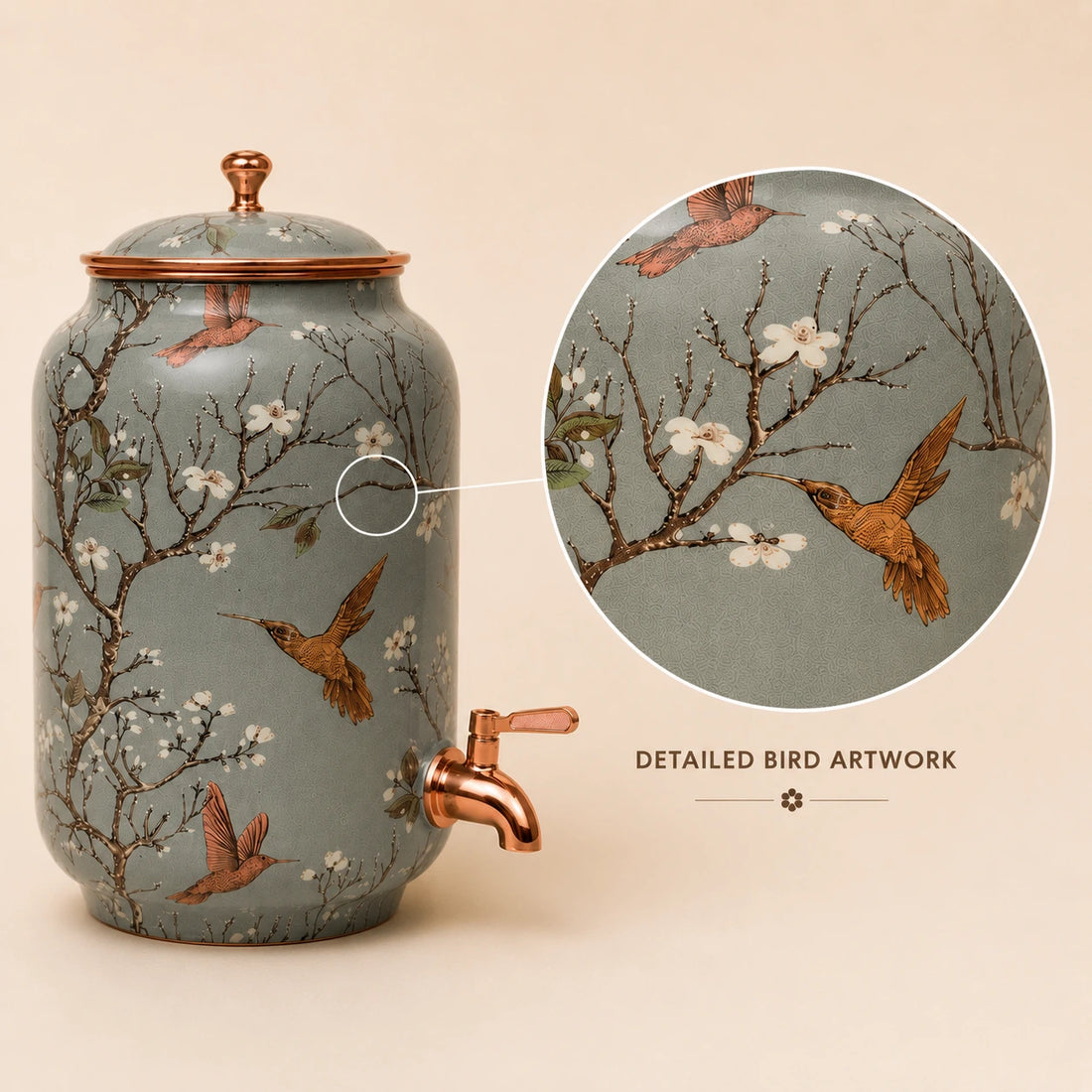 Copper Dispenser - Floral Meenakari Bird | Handcrafted and Ayurvedic.