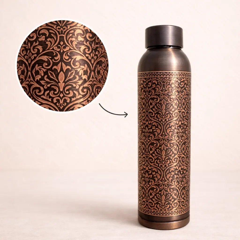 Copper Bottle - Antique Engraved Water Bottle | Handcrafted & Ayurvedic