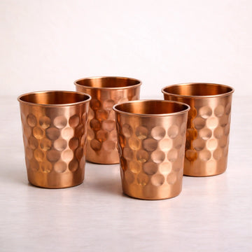 Diamond Cut Pure Copper Glass Set of 4 | Handcrafted & Ayurvedic
