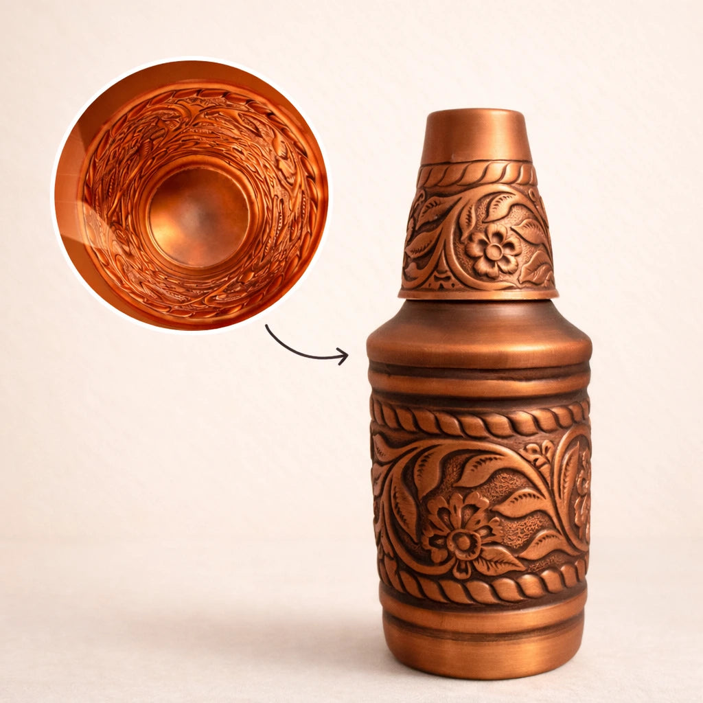 Pure Copper Pitcher with Hand-Carved Design - Traditional Ayurvedic