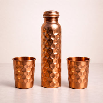 Copper Water Bottle and Glass  | Set of 1 - Diamond bottle and 2- Diamond glass | Handcrafted and Ayurvedic