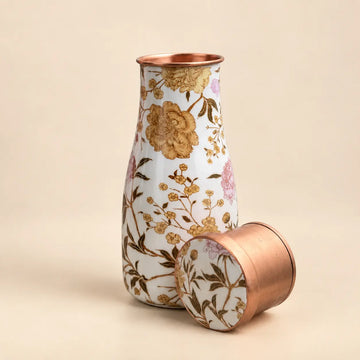 Copper Water Pitcher (Carafe) - Floral Gold Meenakari Design | Handcrafted