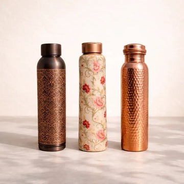 Copper Water Bottle | Set of 3 – Meenakari, Antique Engraved & Hammered Copper Bottles | Handcrafted and Ayurvedic