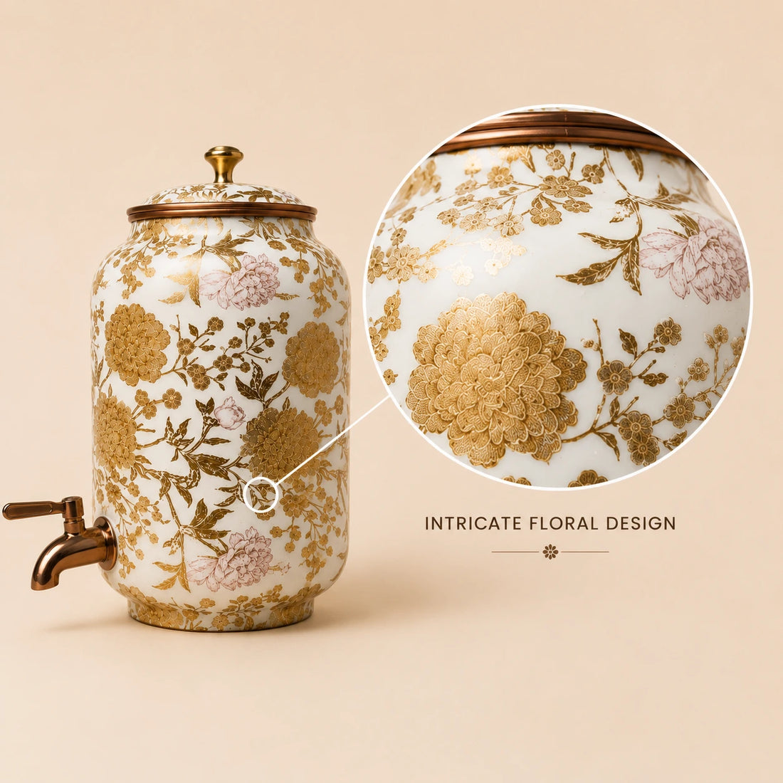 Copper Water Dispenser - Golden Floral Botanical Design | Handcrafted & Ayurvedic