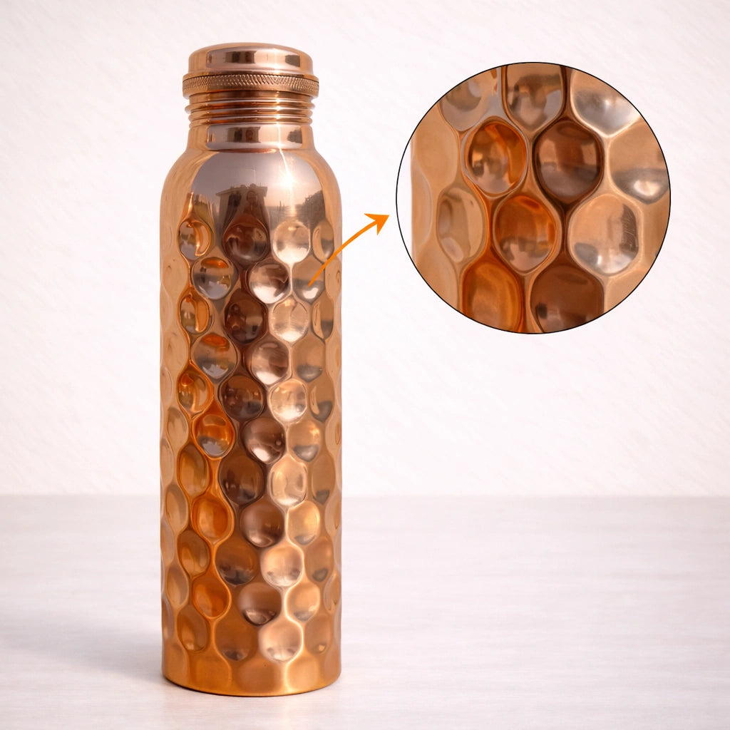 Hammered Copper Water Bottle - Diamond Textured Design | Ayurvedic