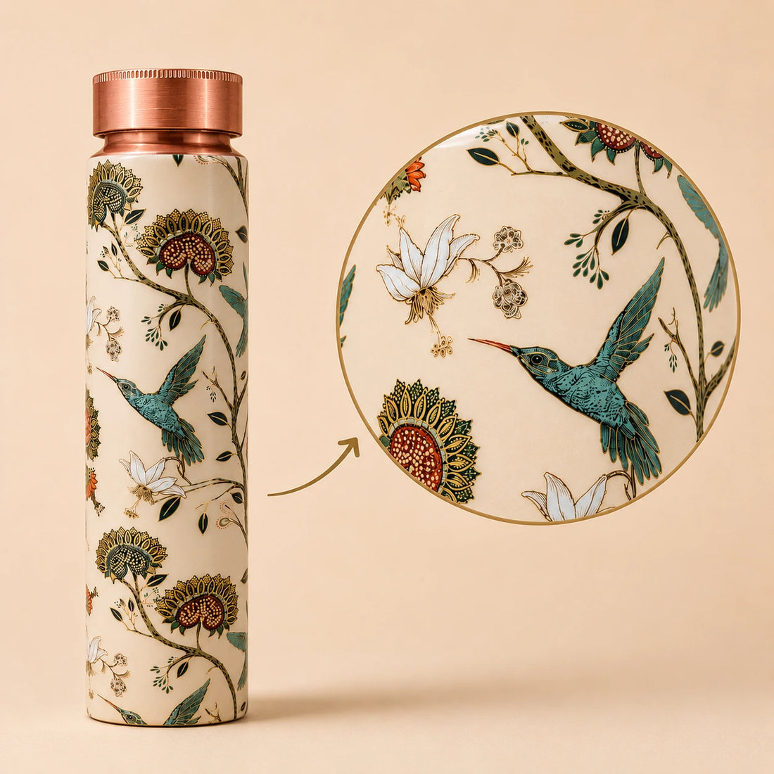 Handcrafted Copper Water Bottle - Floral Meenakari Bird Design