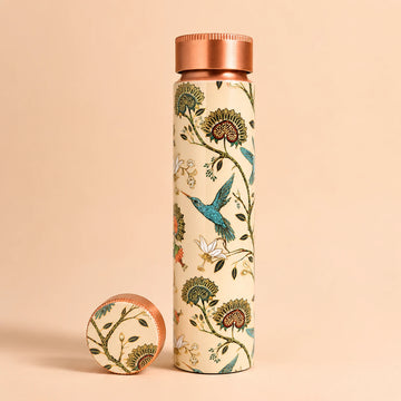 Handcrafted Copper Water Bottle - Floral Meenakari Bird Design
