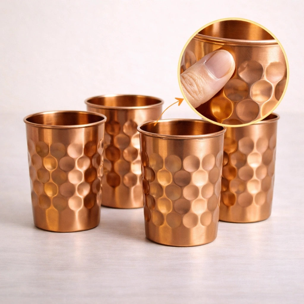 Diamond Cut Pure Copper Glass Set of 4 | Handcrafted & Ayurvedic