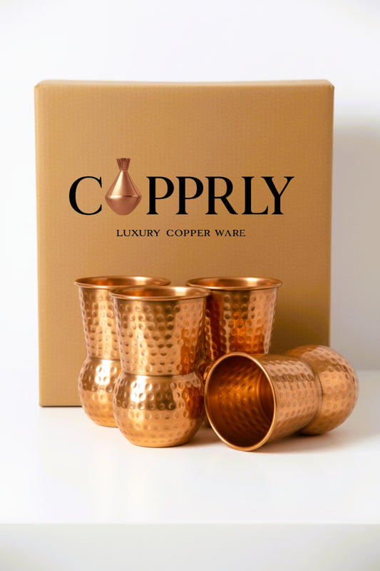 Elegant Round Bottom Hammered Copper Glass - Set of 4