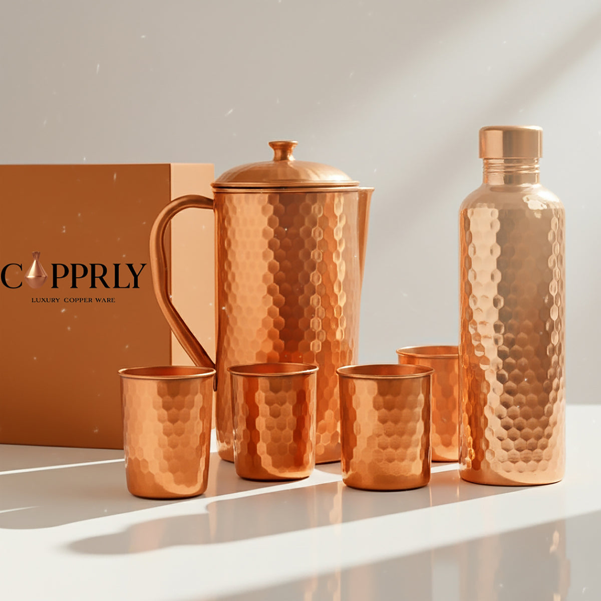 Pure Copper Drinkware Set – Jug, Bottle & 4 Glasses - Copprly
