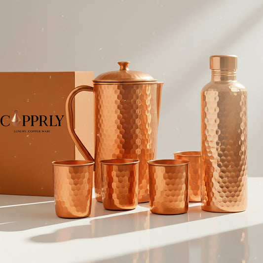 Pure Copper Drinkware Set – Jug, Bottle & 4 Glasses - Copprly