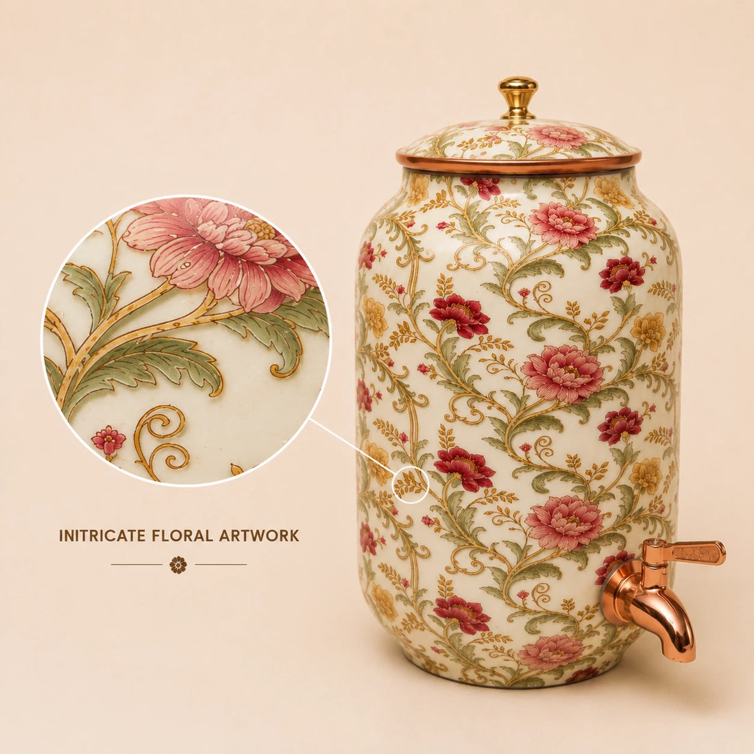 Copper Water Dispenser - Hand-Painted Ivory Floral | Meenakari Artisan | Ayurvedic 4L-8L