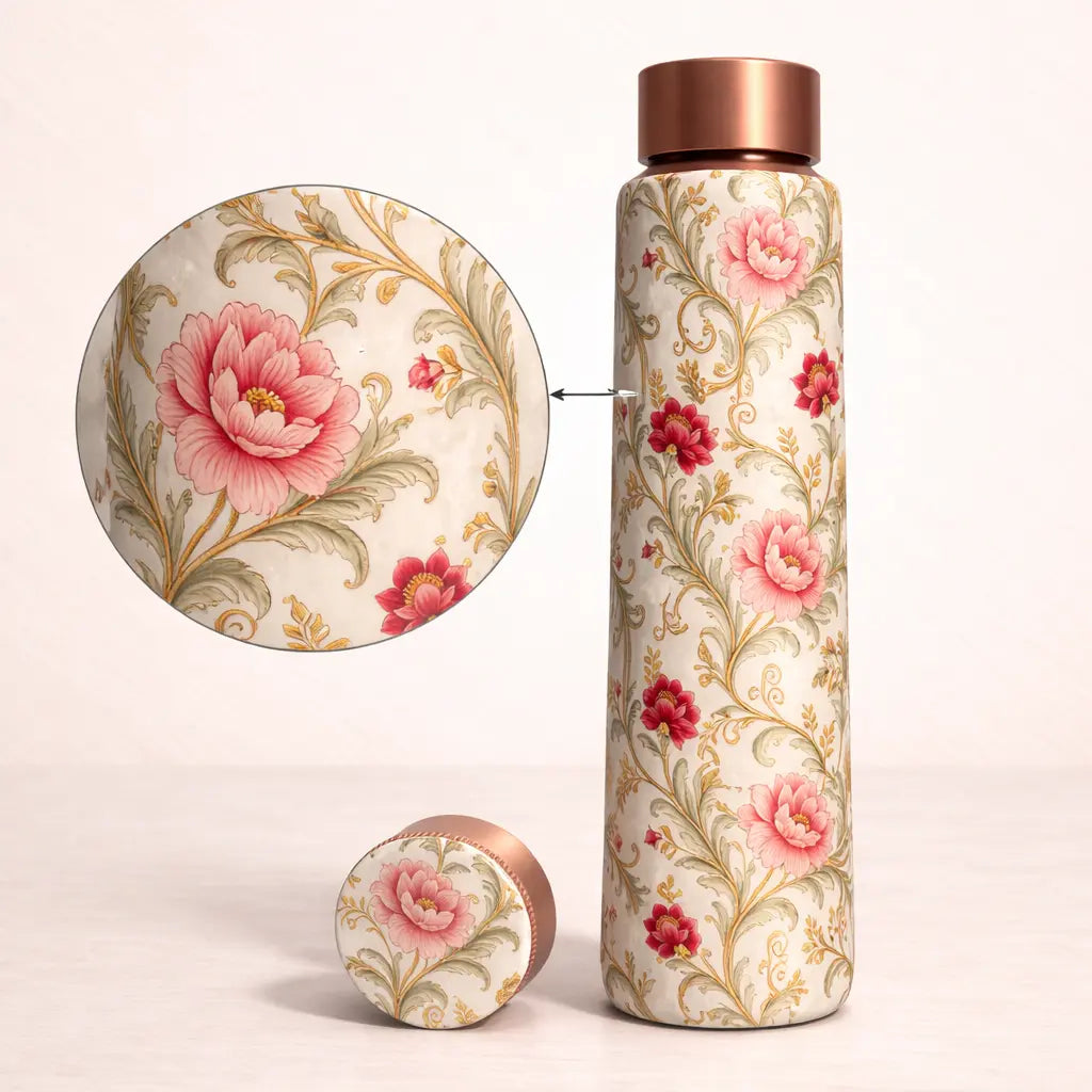 Handcrafted Copper Water Bottle - Floral Meenakari Design