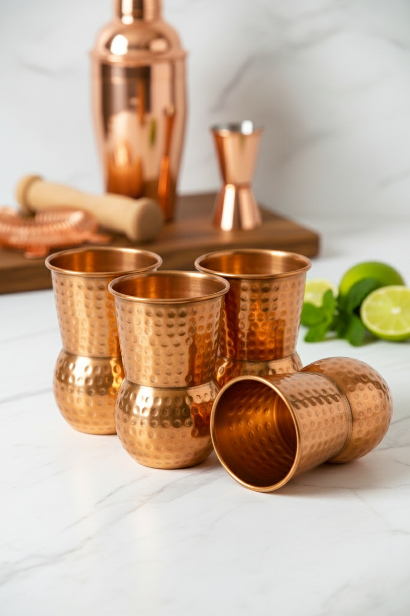 Elegant Round Bottom Hammered Copper Glass - Set of 4
