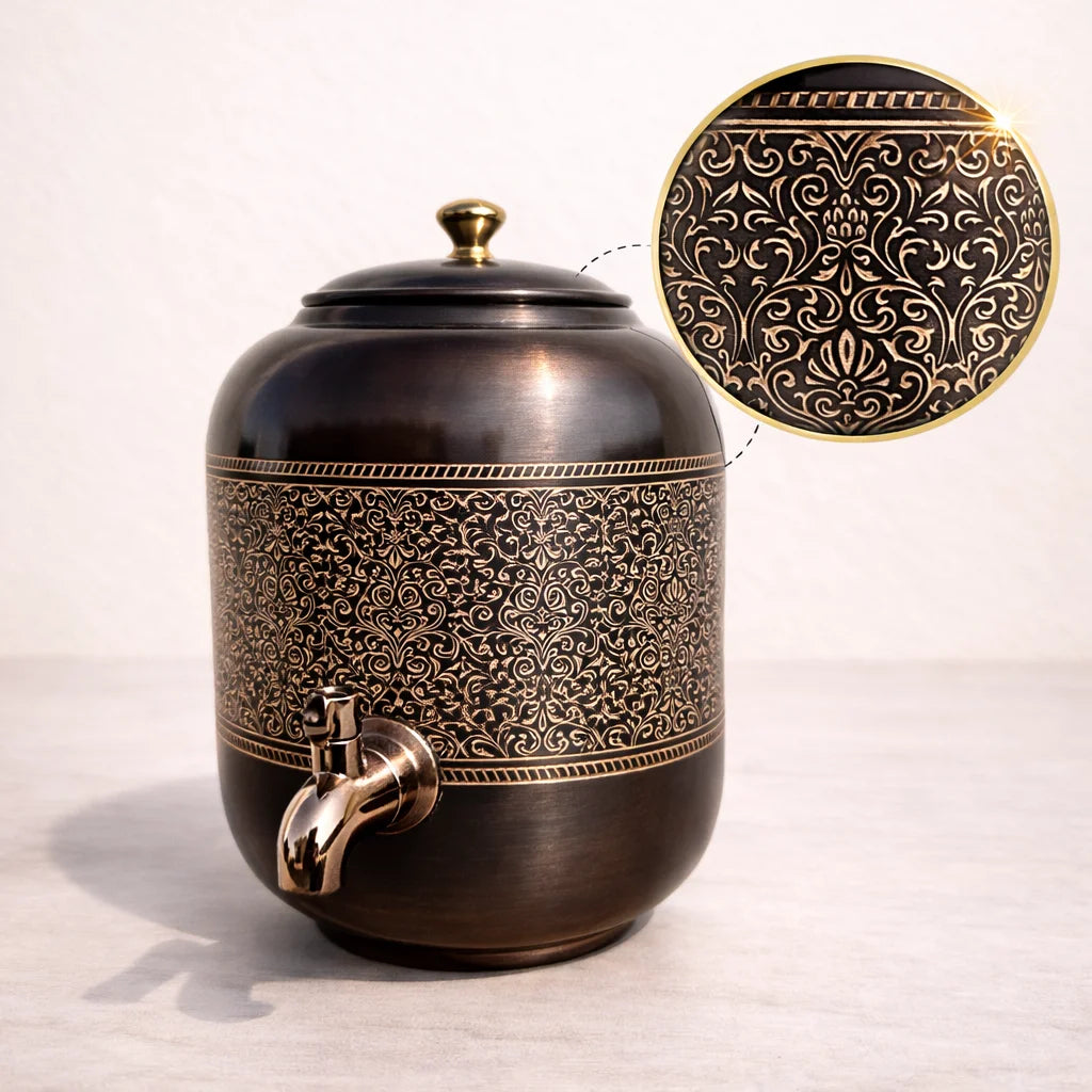 Antique Engraved Copper Water Dispenser | Handcrafted & Ayurvedic