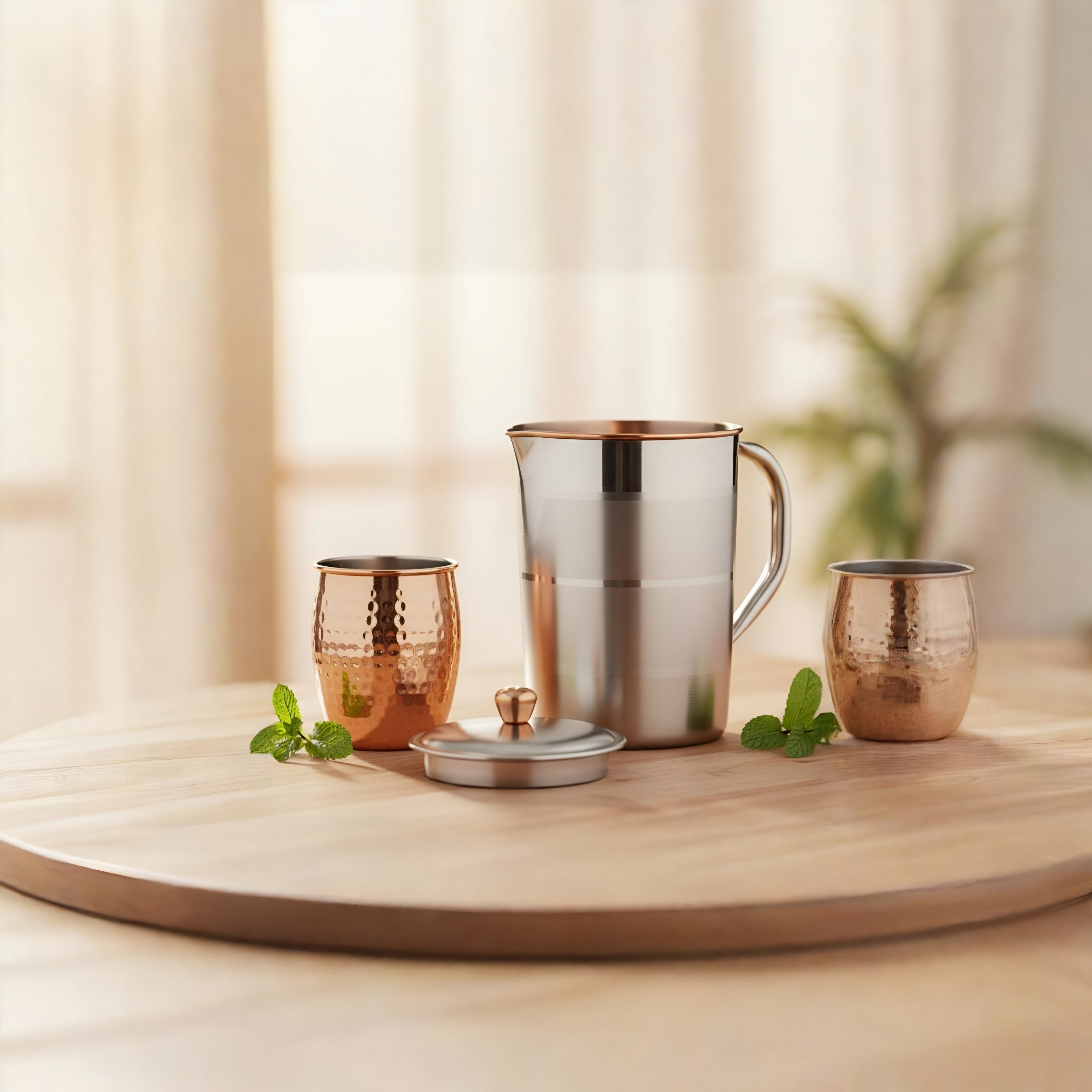 Ayurvedic Steel-Coated Copper Jug – 2L Handcrafted Drinkware
