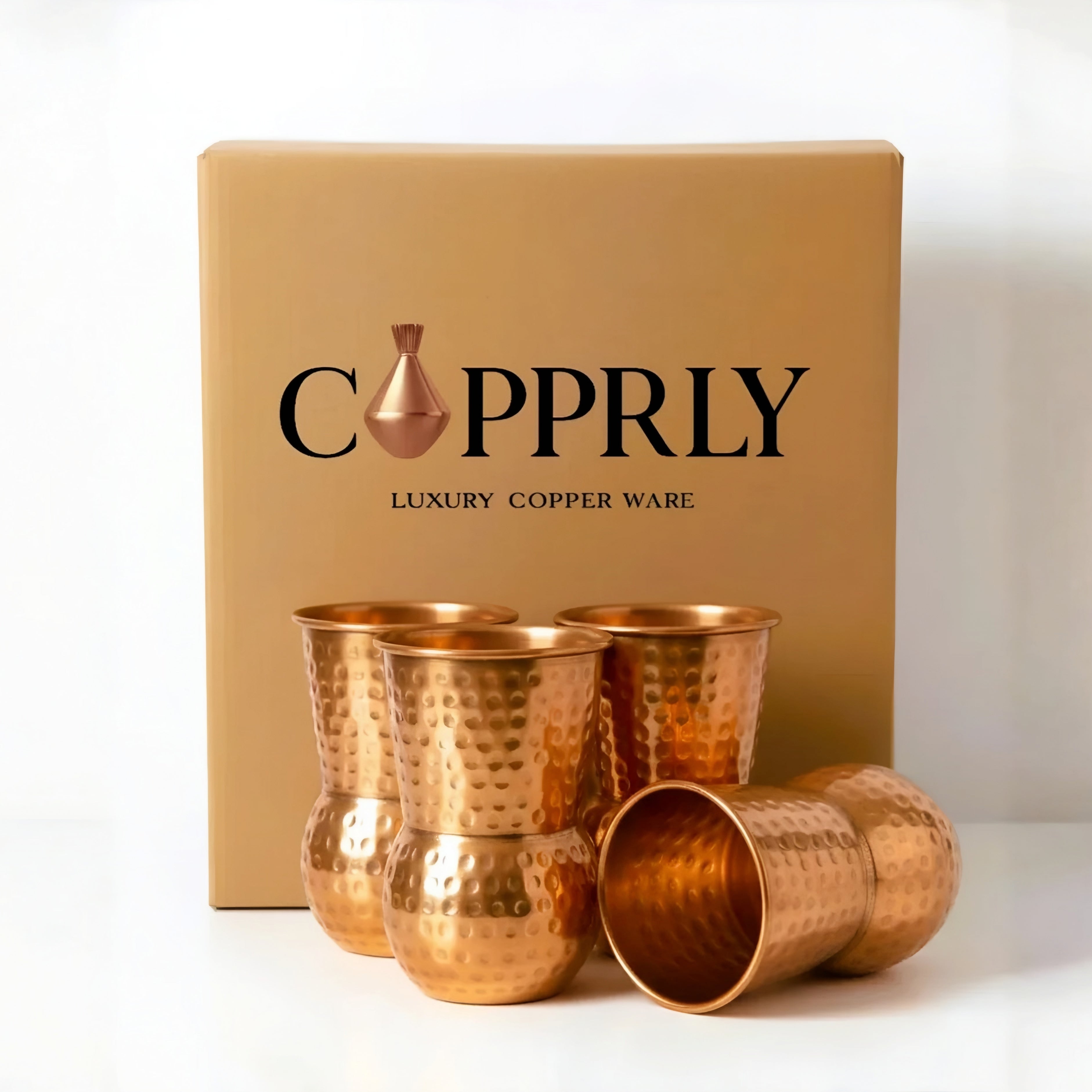 Elegant Round Bottom Hammered Copper Glass - Set of 4